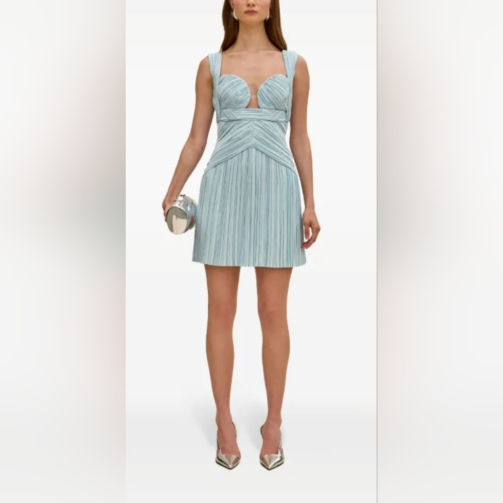 Cult Gaia Pale Blue Strapless Pleated Mini Dress with Structured Bust
